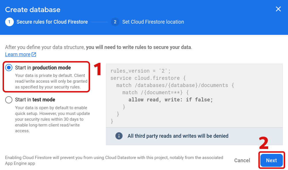 Creating Firestore database in production mode