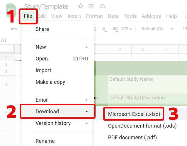 A diagram demonstrating how to download your study configuration spreadsheet.