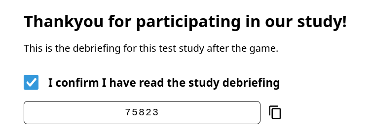 A screenshot of an example debriefing page with a completion code.